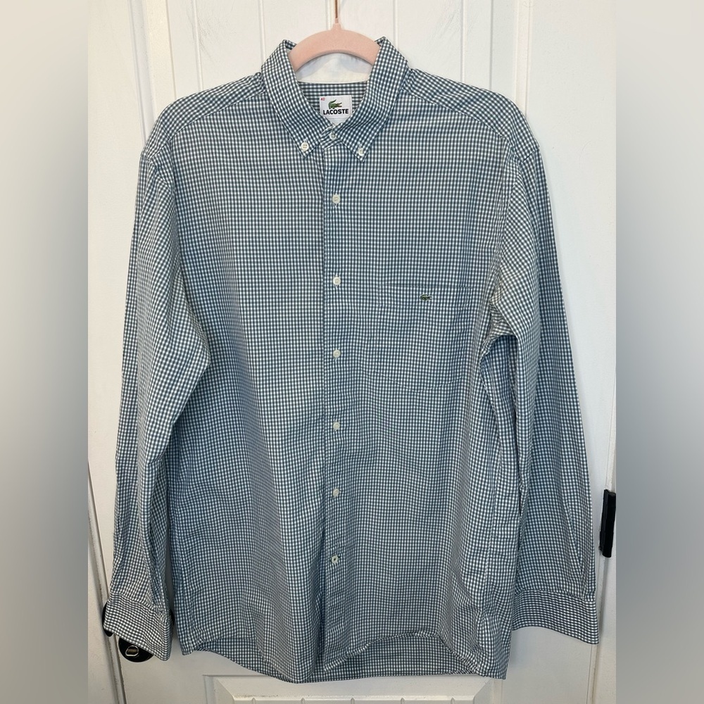 Lacoste Men's Sage Green Off-White Checkered Button Up Shirt Size 40 EUC